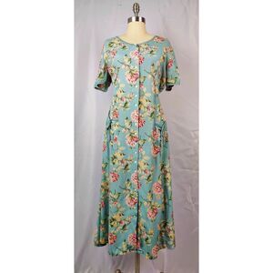 Vintage 90s Erika Rayon Cottagecore Prairie Floral Sea Green Midi Button Dress M